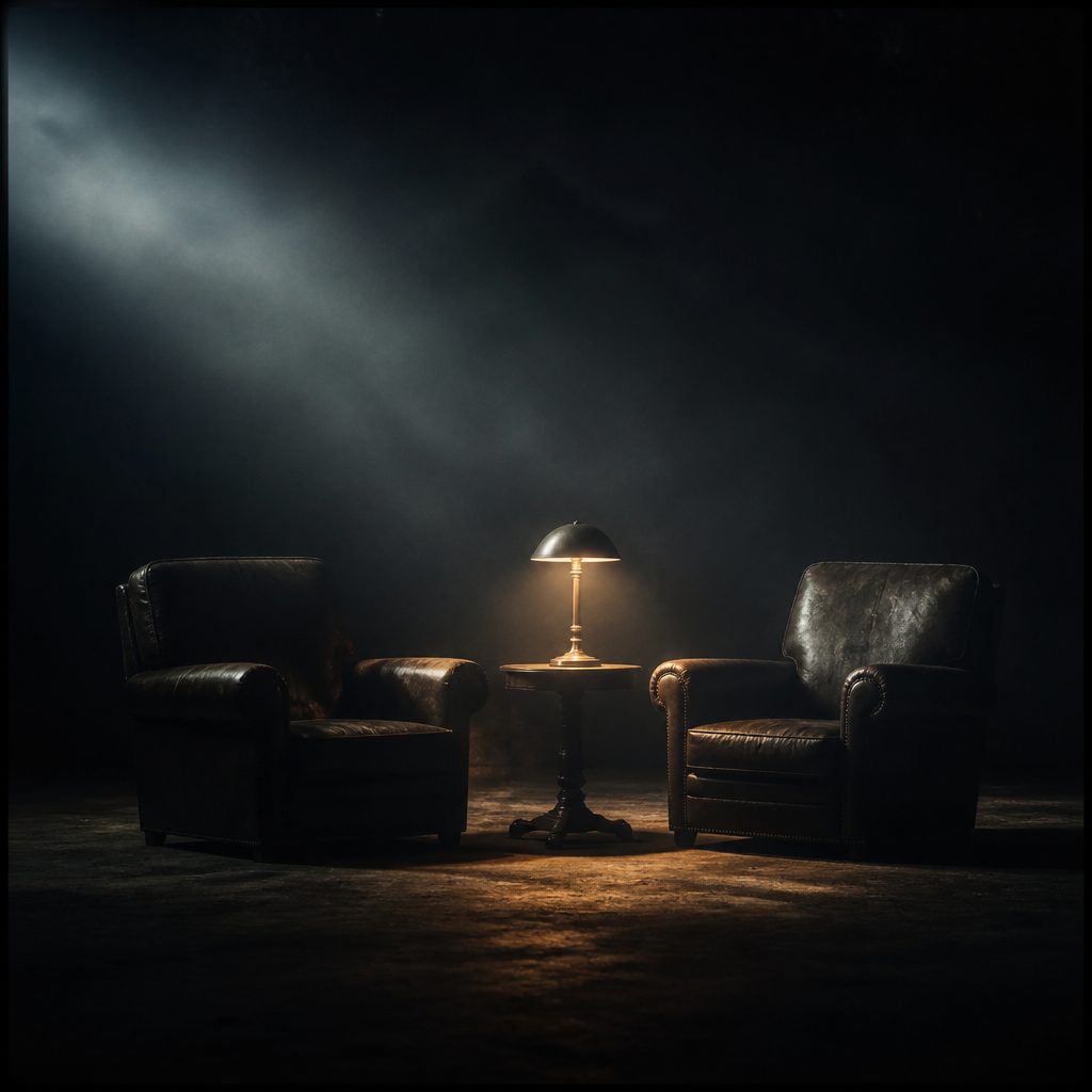 Two chairs under a lamp in a dark room