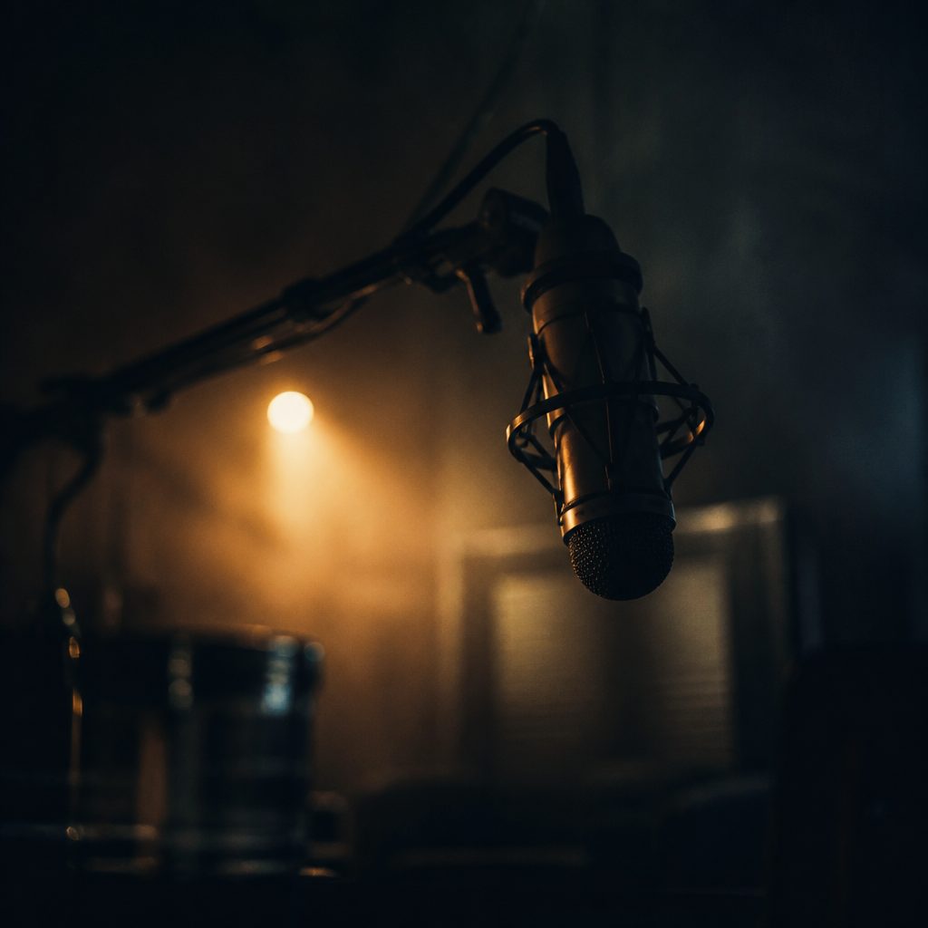 The studio microphone under a warm lamp