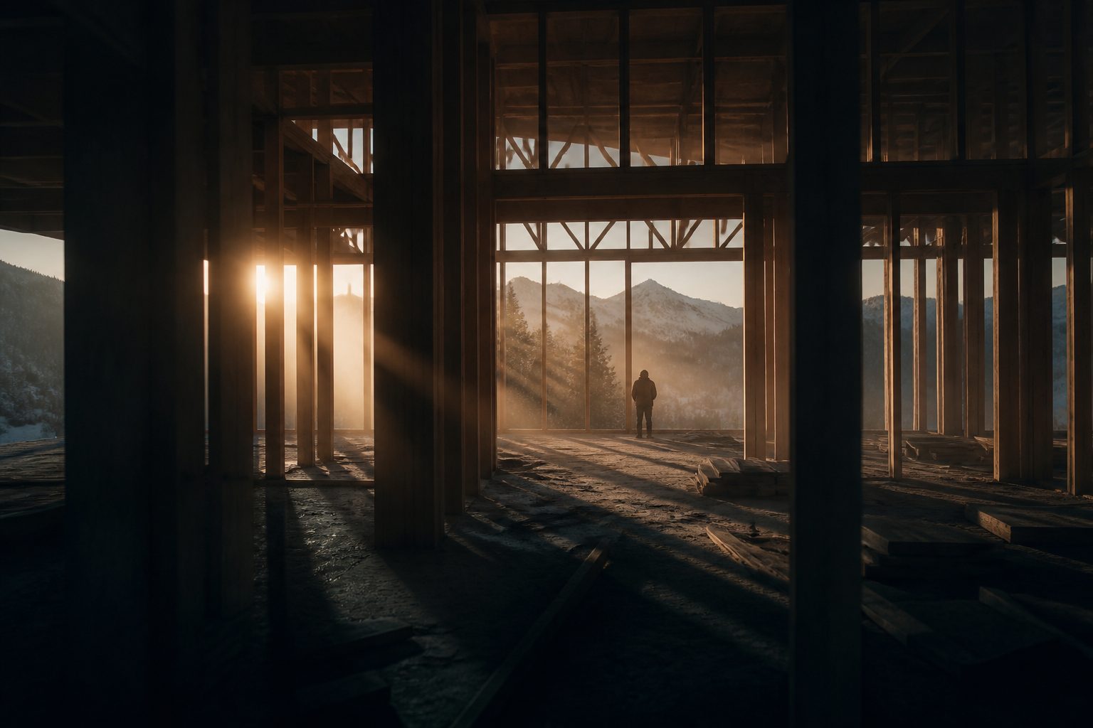 Light through a timber structure at sunrise