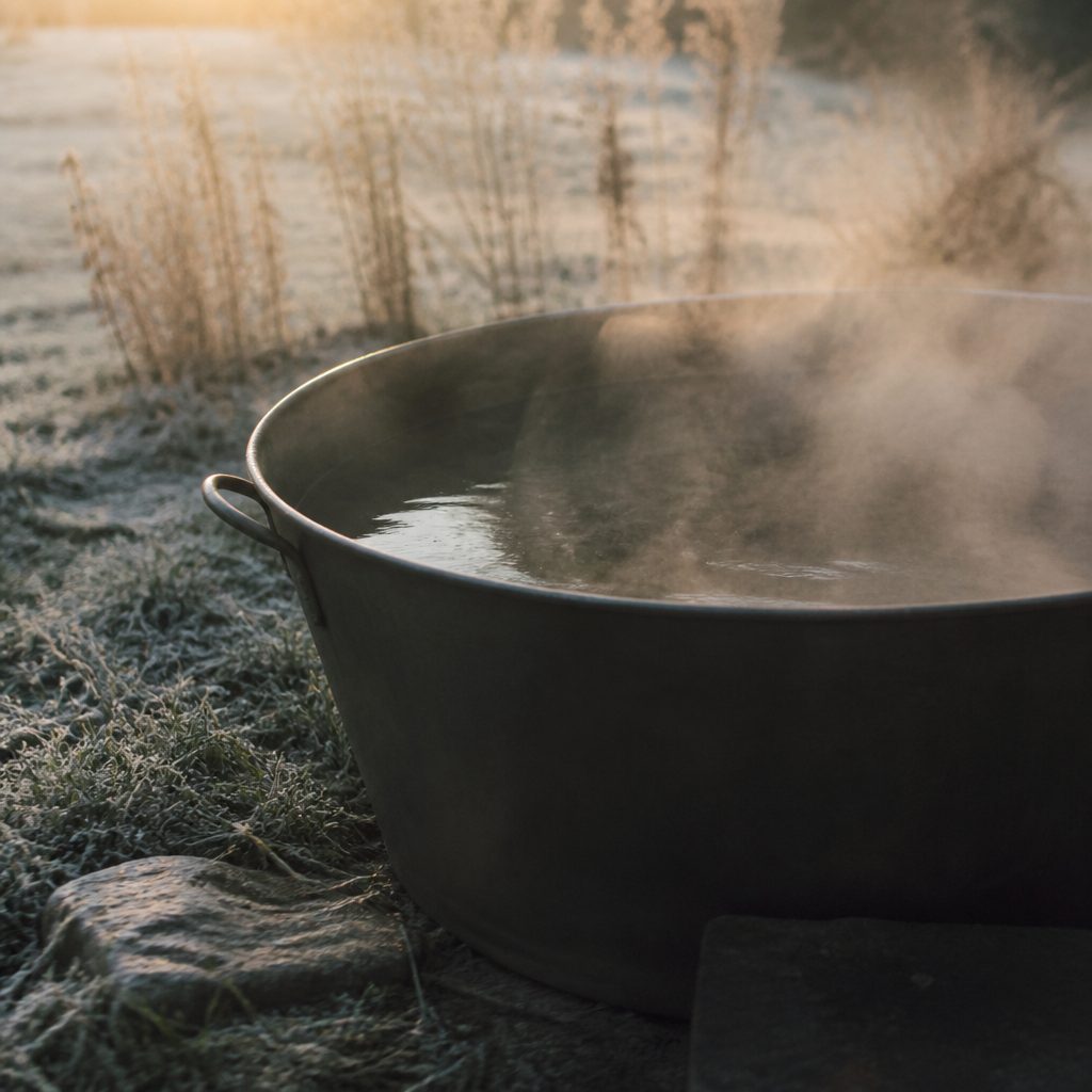 A steaming cold tub outdoors in frost