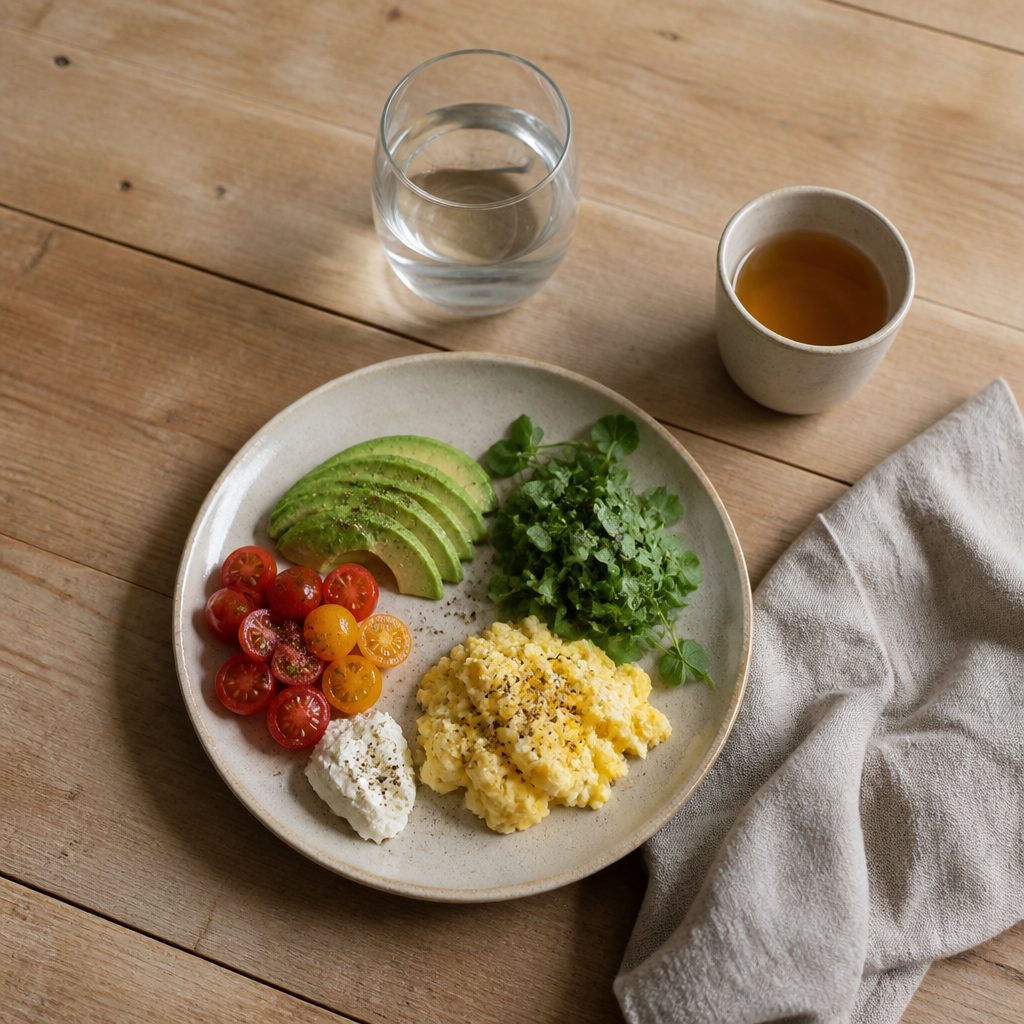 A simple plate of food on a wooden table