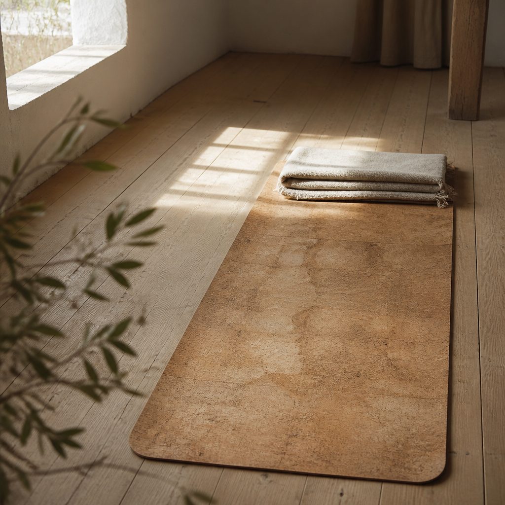 A mat on a wood floor in morning light