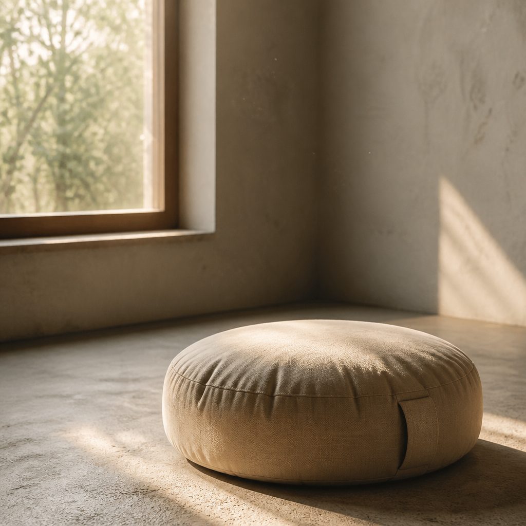 A meditation cushion beside a window